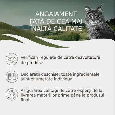 Angajament față de cea mai înaltă calitate. Verificări regulate, declarații deschise cu ingrediente enumerate individual, asigurarea calității de la materii prime la produsul final.