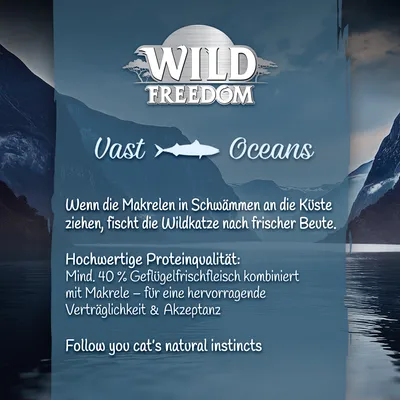 Wild Freedom Vast Oceans. Mind. 40% Geflügelfrischfleisch kombiniert mit Makrele für hervorragende Verträglichkeit und Akzeptanz. Follow your cat's natural instincts.