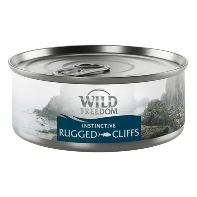 Blik met zichtbaar etiket: Wild Freedom Instinctive Rugged Cliffs, afbeelding van rotsachtige kust op de verpakking.