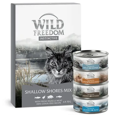 Wild Freedom Instinctive Shallow Shores Mix, 6x70g, s svežim mišičnim mesom, 100% brez žit. Okusi: Wild Rapids, Open Bushlands, Hidden in Woods, Silvery Seas.