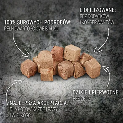 100% surowych podrobów: pełnowartościowe białko. Liofilizowane: bez dodatków i konserwantów. Najlepsza akceptacja: dla kotów każdej rasy i wielkości. Dzikie i pierwotne: bez zbóż.