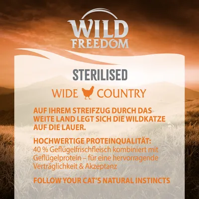 Wild Freedom Sterilised Wide Country. 40% Geflügelfrischfleisch kombiniert mit Geflügelprotein für Verträglichkeit und Akzeptanz. Follow your cat’s natural instincts.