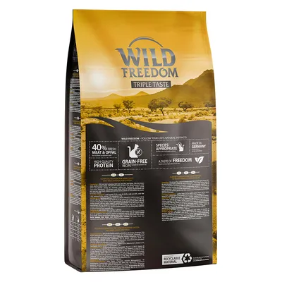 Wild Freedom Triple Taste cat food bag, visible text: 40% fresh meat & offal, high-quality protein, grain-free recipe, species-appropriate, made in Germany, recyclable material.