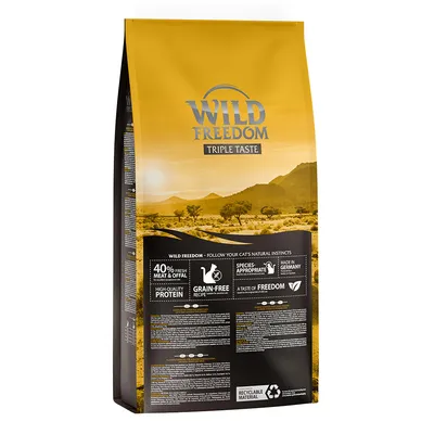 Wild Freedom Triple Taste kattmat, 40 % färskt kött och inälvor, spannmålsfri, artanpassad, tillverkad i Tyskland, återvinningsbart material.