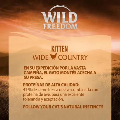 Wild Freedom Kitten Wide Country. 41 % de carne fresca de ave combinada con proteína de ave, para una excelente tolerancia y aceptación. Follow your cat’s natural instincts.
