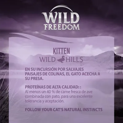 Wild Freedom Kitten Wild Hills. Al menos un 40 % de carne fresca de ave combinada con pato, para una excelente tolerancia y aceptación. Texto en inglés: Follow your cat’s natural instincts.