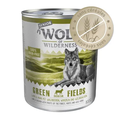 Wolf of Wilderness Senior Green Fields, 800 g, sans céréales, 100 % grain-free, agneau et poulet avec fruits des bois, racines et herbes sauvages. Badge 'sans céréales' visible.