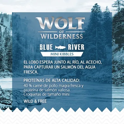 Wolf of Wilderness Blue River Mini Kibbles. 40 % carne de pollo magra fresca y proteína de salmón valiosa. Croquetas de tamaño mini. Wild & Free.