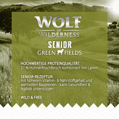 Wolf of Wilderness Senior Green Fields. Hochwertige Proteinqualität: 37% Hühnerfrischfleisch kombiniert mit Lamm. Senior-Rezeptur: Unterstützt Gesundheit und Agilität. Wild & Free.