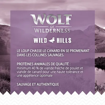 Wolf of Wilderness Wild Hills. Le loup chasse le canard en se promenant dans les collines sauvages. Protéines animales de qualité : minimum 40 % de viande fraîche de poulet et viande de canard.