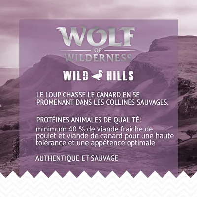 Wolf of Wilderness Wild Hills. Le loup chasse le canard en se promenant dans les collines sauvages. Protéines animales de qualité : minimum 40 % de viande fraîche de poulet et viande de canard.