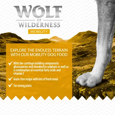 Wolf of Wilderness Mobility. Explore the endless terrain with our mobility dog food. With the cartilage building components glucosamine and chondroitin sulphate as well as a combination of essential fatty acids and vitamin C. Grain-free recipe with lots of fresh meat. For strong joints. (teksti englanniksi)