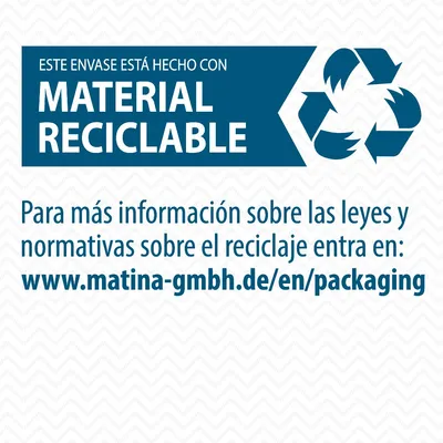 Este envase está hecho con material reciclable. Para más información sobre leyes y normativas de reciclaje entra en: www.matina-gmbh.de/en/packaging