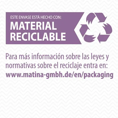 Este envase está hecho con material reciclable. Para más información sobre las leyes y normativas sobre el reciclaje entra en: www.matina-gmbh.de/en/packaging