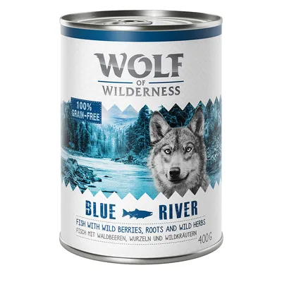 Wolf of Wilderness Blue River, 100 % viljaton. Kalaa metsämarjojen, juurien ja villiyrttien kanssa, 400 g tölkki.