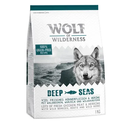 Wolf of Wilderness Deep Seas, 100% Grain-Free Recipe, 1 kg, friss csirkehús és hering, erdei bogyók, gyökerek, vadon termő fűszernövények látható a csomagoláson.