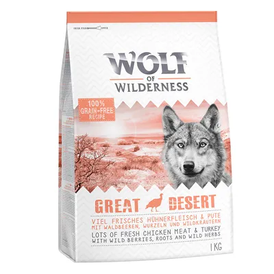 Wolf of Wilderness Great Desert. 100% kornfri opskrift med frisk kyllingekød og kalkun, skovbær, rødder og vilde urter. Pakningsstørrelse: 1 kg.