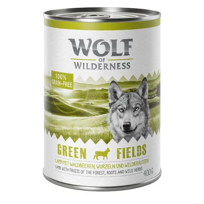 Wolf of Wilderness Green Fields, 100% grain-free, 400 g. Texte en anglais et allemand : agneau avec fruits des bois, racines et herbes sauvages.