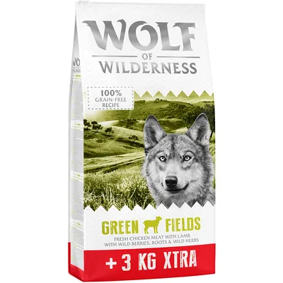 Wolf of Wilderness Green Fields, 100% grain-free recipe, fresh chicken meat with lamb, wild berries, roots & wild herbs, +3 kg XTRA