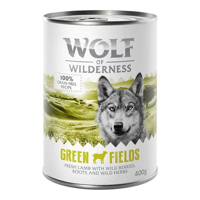 Wolf of Wilderness Green Fields, recette 100 % sans céréales, agneau frais avec baies sauvages, racines et herbes, boîte de 400g.