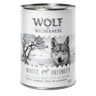 Wolf of Wilderness White Infinity, 100% Grain-Free, Horse with Wild Berries, Roots and Wild Herbs, 400 g dåse. Tekst også på tysk: Pferd mit Waldbeeren, Wurzeln und Wildkräutern.
