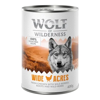 Wolf of Wilderness Wide Acres, 100% grain-free recipe, fresh chicken with wild berries, roots and wild herbs, 400g can.