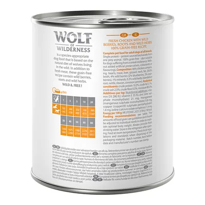 Wolf of Wilderness, tabela dawkowania karmy mokrej dla psów: waga psa 1–40 kg, dzienne porcje 240–3855 g. Składniki i analiza w języku angielskim widoczne na etykiecie.