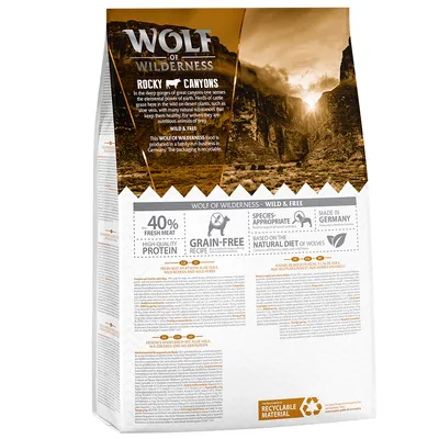 Wolf of Wilderness hrană uscată Rocky Canyons, 40% carne proaspătă, fără cereale, potrivită speciei, bazată pe dieta naturală a lupului, produsă în Germania, ambalaj reciclabil.