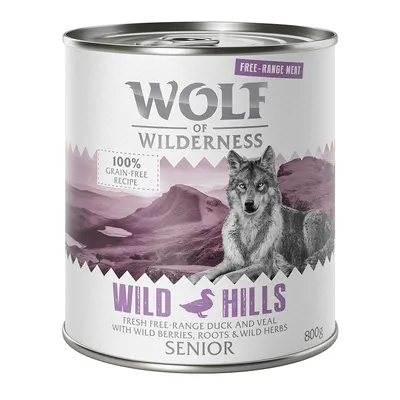 Wolf of Wilderness Wild Hills Senior, 800g can. Recipe with fresh free-range duck and veal, berries, roots and herbs. 100% grain-free.