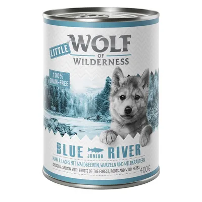 Wolf of Wilderness Little Blue River Junior, pui și somon cu fructe de pădure, rădăcini și ierburi sălbatice, 100% fără cereale, conservă 400g.
