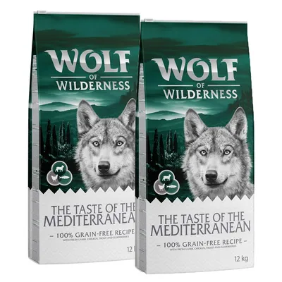Wolf of Wilderness The Taste of the Mediterranean, 100 % grain-free recipe, with fresh lamb, chicken, trout and elderberries, 12 kg, kaksi pakkausta näkyvissä