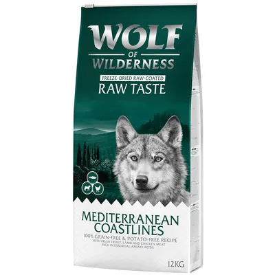Wolf of Wilderness Freeze-Dried Raw-Coated Raw Taste Mediterranean Coastlines, 100% graanvrij & aardappelvrij recept, 12 kg zak. Tekst in het Engels zichtbaar op verpakking.