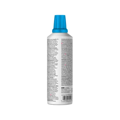 Baksidan av en sprayburk med flerspråkig ingrediensförteckning, bruksanvisning och tillverkaruppgifter. KONG COMPANY synlig längst ner.