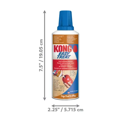 KONG Easy Treat peanut butter recipe can with dimensions shown: height 19.05 cm, width 5.715 cm. Text highlights use for extending playtime and filling toys.
