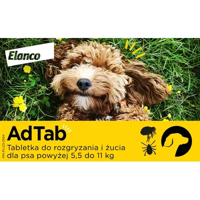 AdTab Elanco, tabletka do rozgryzania i żucia dla psa powyżej 5,5 do 11 kg. Widoczne ikony pasożytów oraz głowy psa.