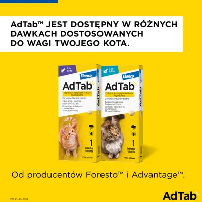AdTab dostępny w dawkach dla kotów 0,5–2 kg i 2–8 kg. Opakowania Elanco AdTab z tabletką do rozgryzania i żucia. Od producentów Foresto i Advantage.