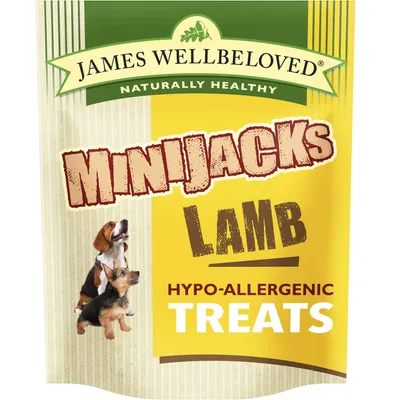 James Wellbeloved MiniJacks Lamb hypo-allergenic treats packaging with two dogs shown, highlighting lamb flavour and hypo-allergenic feature.
