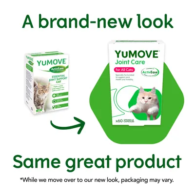 YUMOVE ActivEase Essential Joint Support Cat og YUMOVE Joint Care for All Cats, begge med kattebillede på emballagen. Tekst: A brand-new look. Same great product.