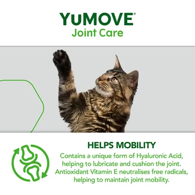 YuMOVE Joint Care. HELPS MOBILITY. Contains a unique form of Hyaluronic Acid, helping to lubricate and cushion the joint. Antioxidant Vitamin E neutralises free radicals, helping to maintain joint mobility.