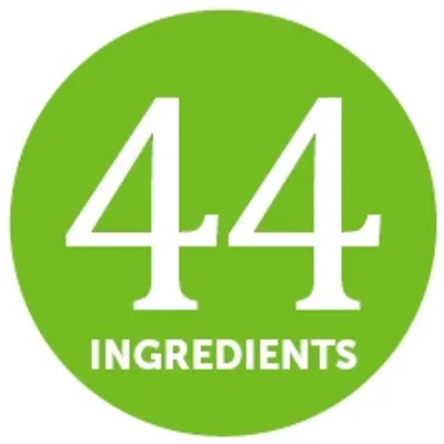 Texto en inglés: 44 INGREDIENTS. Indica que el producto contiene 44 ingredientes.