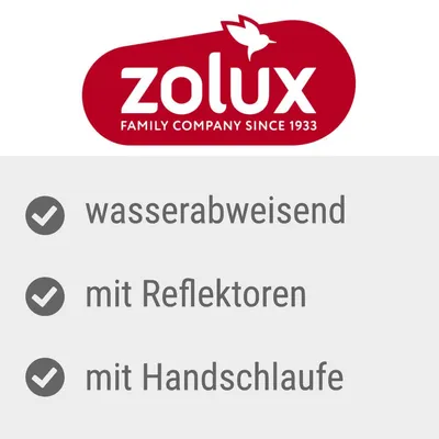 zolux FAMILY COMPANY SINCE 1933. Texte en allemand : wasserabweisend, mit Reflektoren, mit Handschlaufe.