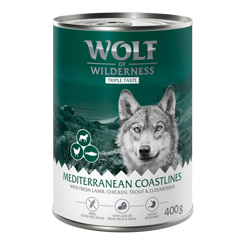 Pack Ahorro: Wolf of Wilderness 24 x 400 g - Mediterranean, con cordero, pollo y trucha