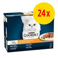 Confezione Purina Gourmet Perle Les Filettines en Sauce per gatti, 24x85g, gusti visibili: tacchino, anatra, agnello, tonno. Immagine di un gatto bianco e piatto con filetti in salsa.