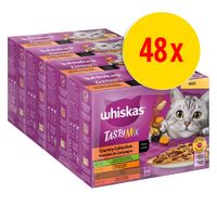 Whiskas TastyMix Country Collection, confezione multipla da 48x bustine. Immagine di scatole viola con gatto e ciotola di cibo. Testo visibile: 'in Sauce', 'NEU'.
