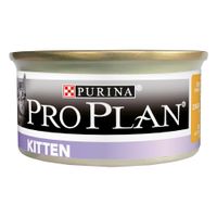 Lattina di alimento per gatti Purina Pro Plan Kitten, con etichetta nera e viola, scritta 'KITTEN' visibile sulla fascia inferiore.