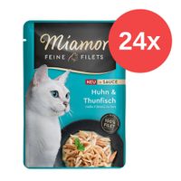 Miamor Feine Filets, Huhn & Thunfisch in Sauce, helle Filetstückchen, 100% Filet, Packung mit 24 Portionen.