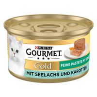 Purina Gourmet Gold paté fine con merluzzo e carote, cibo in lattina per gatti.