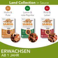 IAMS Land Collection in Sauce: 4x Huhn & Pute, 4x Lamm & rote Paprika, 4x Rind & Leber. Für erwachsene Katzen ab 1 Jahr. 99% tierisches Protein, ohne Zuckerzusatz.
