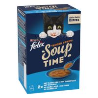 Confezione Purina Felix Soup Filetti per gatti, 12x48g. Visibile piatto con filetti in brodo, scritta 'Senza coloranti'. Gusto: merluzzo, tonno, platessa.