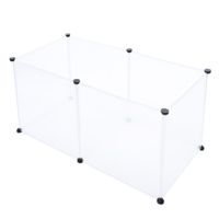 Recinto con pareti in plastica trasparente e connettori neri, forma rettangolare.